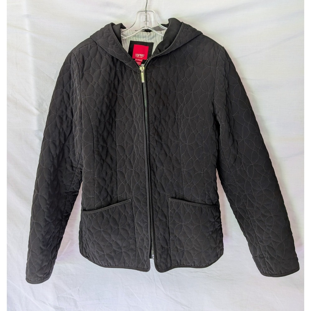 ESPRIT Outerwear Women's XL Black Quilted Hooded Jacket Full Zip Insulated